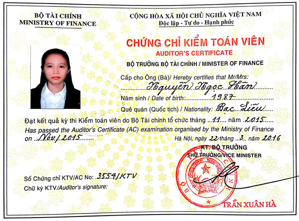 Chứng chỉ kiểm toán viên của chị Ngọc Hân