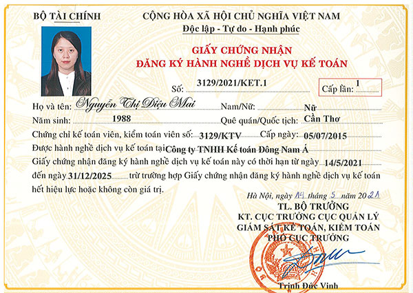 Giấy đăng ký hành nghề dịch vụ kế toán của chị Diệu Mai